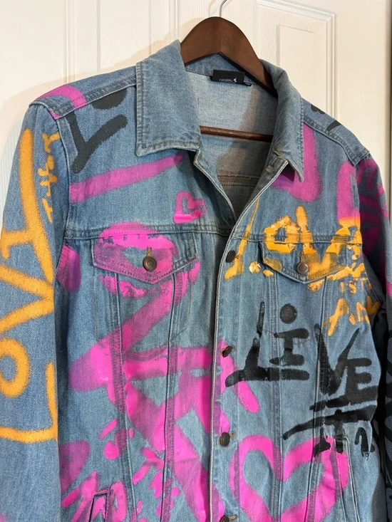 Chemistry Graffiti Print Butterfly Graphic Denim Jacket Size M - Picture 2 of 13